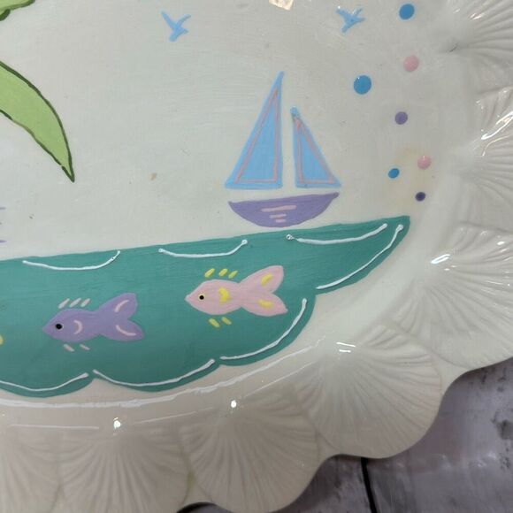 Ceramic Plate Palm Trees Fish Tropical Scene Shells On Edges Fishline - Picture 2 of 8